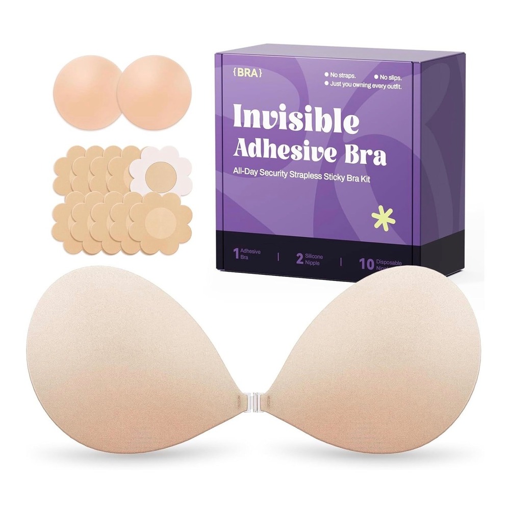 Invisible Adhesive Bra Kit Strapless Push Up Silicone Nipple Covers B Cup Beige